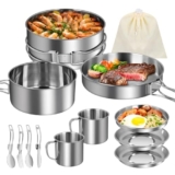 12 Pezzi Set Pentole da Campeggio, Set Stoviglie Campeggio in Acciaio Inox, Portatile Set Pieghevoli e Impilabili Kit Camping Cookware per Cucina per Barbecue,Campeggio, Arrampicata,Trekking