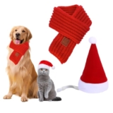 2 Pezzi Pet Costume Natalizio, Regolabile Animale Domestico Cappello Babbo Natale e Filato di Lana Sciarpa di Natale, Vestito Natale per Animali Domestici di Piccola e Media, per Cane Cani Gatto