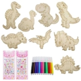 31 Pezzi Set di Bricolage di Dinosauri in Legno Fai da Te Creazioni in Legno di Dinosauri da Dipingere per Bambine Bambini Compleanno dei Bambini con 16 Dinosauri in Legno, 12 Matite Acquarellabili