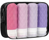 4 Pezzi Kit Bottiglie da Viaggio in Silicone con etichette, Set di Bottiglie da Viaggio 100 ml con Borsa da Toilette, Contenitori da Viaggio a Tenuta Stagna per Shampoo e Balsamo
