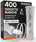 400 Fascette Stringicavo in Nylon 6.6 200×2,5mm Tenuta 8Kg per Cavi e Cablaggi Autobloccanti per Elettricista e Fai da Te Serraggio con Denti Antiscivolo Resistenti Fuoco Calore e Gelo Colore Bianco