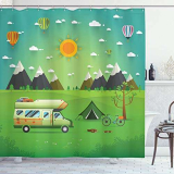 ABAKUHAUS Happy Camper Tenda da Doccia, Ambientazione Esterna Caravan, Tessuto Set di Decorazioni per Il Bagno con Ganci, per la Vasca da Bagno, 175 cm x 200 cm, Multicolore