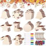 AQXONG Kit Ciondolo in Legno di Natale, 308 Pcs Decorazioni Natalizie in Legno Fai da te, Ciondolo Dipinto in Legno di Natale per Pittura Fai-da-te, Decorazioni Natalizie e Etichette Regalo