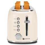 Aigostar Tostapane vintage, 2 fette con fessure extra larghe, 4 funzioni con funzione bagel, tostapane, 6 livelli di tostatura, 800W, acciaio inossidabile, vassoio raccogli briciole rimovibile, Cream