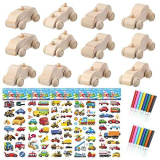 Allazone 12 Pz Auto in Legno Fai Da Te, Auto in Legno per La Pittura Mini Legno Giocattolo Auto DIY con Adesivo, Penna Colorata per Attività a Casa Degli Studenti, Progetti di Artigianato