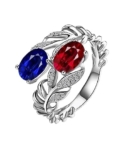 AmDxD Anello solitario in oro giallo 18 carati Au750, con foglia di zaffiro e rubino, taglio ovale, rosso, Oro giallo 18 carati (750), Zaffiro