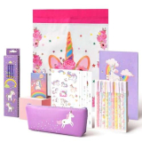 Anyfirst 37 pcs Unicorno Regalo Per Ragazza, Cancelleria per Unicorno Includere Astuccio, Penne Colorate y Matite, Astuccio Unicorno Bambina di 6 7 8 9 10 11 Anni (Viola)