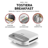 Ariete Tostiera Breakfast 1961, Piastra Elettrica per Toast, Piastra per Panini e Sandwich, Piastre Fisse Grill con Rivestimento Antiaderente, Conservazione Verticale, 750W, Bianco