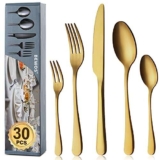 BEWOS set di posate per 6 persone, set di posate in oro titanio da 30 pezzi comprensivo di coltello, forchetta, cucchiaio, posate in acciaio inox, lavabili in lavastoviglie (oro opaco)