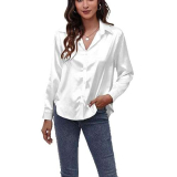 BHUJIA Camicia di Seta di Raso delle Donne a Maniche Lunghe Button Down Camicia, Camicia Elegante della Camicia Casual di Seta (XXL,White)
