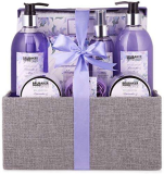 BRUBAKER Set beauty da bagno e doccia lavanda & menta – Set regalo in 12 pezzi in un cestino di juta decorativo