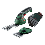 Bosch Home and Garden Set forbici per erba a batteria Isio (3,6 Volt, lunghezza lama 12 cm, spessore di taglio 8 mm, con guanti da giardinaggio XL inclusi, confezione con custodia morbida)