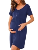 Bresdk Camicia da Notte per Allattamento Donna con Bottoni Estiva Manica Corta Parto Ospedale Morbidi Eleganti Abiti Premaman, Blu Navy, S