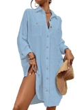 Bsubseach Costume da Bagno Donne Cover Up per Bahting Suits Camicia Estiva Lunga Button Down Beach Coverup Blu M