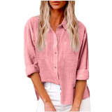 Donne Cotone Lino Camicie Casual, Elegante Curvy Camicia in Lino Camicia con Maniche Lunga e Colletto a Revers in Tinta Unita Leggera e Comoda per L’Estate Camicetta da Donna alla Moda da Spiaggia