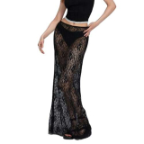 ESSECMBS Gonne Lunga in Pizzo da Donna Midi Gonne a Vita Alta Trasparente a Balze Ruota con Orlo Increspato Gonne da Donna Lunghe Fluide in Pizzo Gonna con Spacco Vedere Attraverso (Nero, M)
