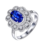 Epinki Anello Donna Oro Bianco 18K Zaffiro 2ct Blu Ovale con Diamante Fiore Cavo di Lusso Misura 9
