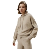 Felpa da donna in cashmere con cappuccio staccabile tinta unita a maniche lunghe oversize girocollo con bottone, Beige, M
