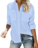 Friptspyg Mussola Camicetta Camicie Manica Lunga Donna Scollo A V 100% Cotone Camicia Top Top con Due Tasche, Azzurro XXL