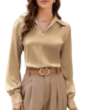 GRACE KARIN Camicia da donna, elegante, a maniche lunghe, in raso, casual, con scollo a V, con collo a risvolto, cammello, M