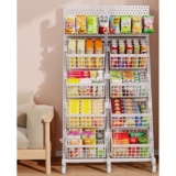 Generico Espositore per Snack da supermercato a Doppia Fila e 4 Ripiani, scaffale portaoggetti per Bevande da Pavimento in Acciaio Bianco con 6 Ruote e 10 Ganci, per dispensa da supermercato e Cucina