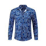 HISDERN Camicie Casual Uomo Manica Lunga Fantasia Casual per Festa Matrimonio Button Down Camicia Motivo Paisley Regular Fit,Blu,L