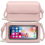 HNOOM Borsa a Tracolla per cellulare Portafoglio, da Donna Bloccaggio RFID, Piccola Portamonete con Finestra Touch Screen (Rosa)