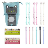 Hocadrv 1 Telescopica Astuccio Portapenne in Tela 12 Penne a Inchiostro Gel Nero 240 Note Indice Flag di Pagina Set di Cancelleria di Gatto Carino Kawaii per Materiale Scolastico(Blu)