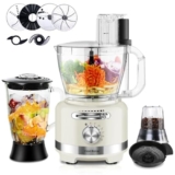 Homtone Robot da cucina elettrico 10 in 1, 1000 W, con frullatore di vetro da 1,5 l e ciotola da 3 l, per tagliare, tritare, grattugiare, mescolare, purè e impasto, 6 presenze, uso domestico, bianco