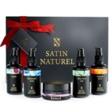 Idee Regalo Donna Compleanno – Scatola Regalo con Siero Vitamina C + Acido Ialuronico Viso + Retinolo Viso + Olio Argan + Gel Aloe Vera 5x30ml, Regalo Mamma – Skincare Set Satin Naturel