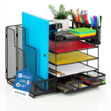 KALMISE Organizer Scrivania con 5 Vassoio, Raccoglitori, Cassetti & Portamatite | Porta Documenti per Cartelle, Schedario da Scrivania, Fogli e Quaderni d’Ufficio | Organizzatore Scrivania