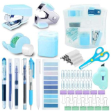 Kit di Forniture per Ufficio Blu, include Graffetta da Tavolo, Pinzatrice, Dispenser per Nastro, Forbici in Acciaio Inossidabile, Piccolo Coltello Telescopico, Scatola da 500 Punti e Metro a Nastro