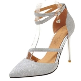 LUXMAX Donna Decolte Glitter Paillettes con Cinturino Decollete Tacco a Spillo Alto Fibbia per Scarpe a Punta Eleganti (Argento) – 34 EU