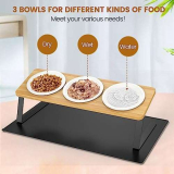 Lannvan Ciotole per Gatti Rialzate, 3 Ciotola per Gatti e Cani, Ciotola Gatto Ceramica Legno 15° Inclinate, Ciotole per Acqua con Tappetino Antiscivolo, Ciotole per Cani Piccoli, Gattini