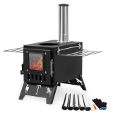 Makamsui Fornello da campeggio pieghevole portatile a legna, stufa a tenda calda per riscaldamento e cottura all’aperto, pesca sul ghiaccio, caccia, fornello da campeggio include tubi neri