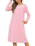 Migcaput Camicie da Notte da Donna Camicia Notte Manica Lunga Donna Cotone Bottoni e Scollo a Round Camicia da Notte Invernale con Tasche Vestito da Notte Donna Leggero e Confortevole