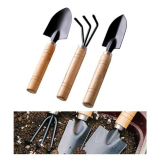 Mini attrezzi da giardinaggio, set da 3 pezzi, attrezzi da giardino, manico in legno, mini spatola, pala, rastrello, strumenti bonsai, per allentare il terreno interno ed esterno