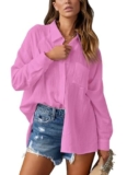 NONSAR Camicia da donna elegante con scollo a V, camicia a maniche lunghe, casual, alla moda, elegante, con tasca, Rosa., XXL