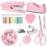 OFFCUP Set di Cancelleria, con 1000 Punti Set di Cucitrici, Set di Forbici Dispenser Levapunti, Foglietti Adesivi a Dieci Colori, Set di Clip, Metro a Nastro, per Casa, Ufficio（Rosa）