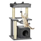 PawHut Albero Tiragraffi per Gatti Adulti, Graffiatoio Castello per Gatti con in Corda Sisal, Casetta, Cuscino e Amaca, 2 Palline, Rivestimento in Peluche e Feltro, Altezza 90cm, Grigio
