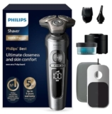 Philips Rasoio Elettrico Serie 9000 Prestige, secco e umido, cromo brillante, rasatura Lift & Cut, tecnologia SkinIQ, regolabarba, rifinitore per il naso, base di ricarica Qi, modello SP9885/35