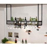 Portabicchieri vintage in ferro battuto con luci a LED, montaggio a parete e mensole sospese a soffitto, mensola sospesa in legno massiccio, colore nero, 100 x 30 cm
