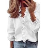 QKEPCY Camicetta da Donna Balze Donne Camicette Manica Lunga Pieghe Chiffon con Scollo Elegante Shirt Top Scollo a V Casual da Lavor a Maniche Lunghe Tinta Unita (Bianco L)