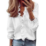 QKEPCY Camicetta da Donna Manica Lunga Pieghe Chiffon con Scollo a V Casual Tinta Unita (Bianco XL)