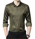 RAFYZY Camicetta di Seta per Gli Uomini 100% Pura Seta Maniche Lunghe Cool Smooth Top Button-Down Uomo Button-Down Business Dress Camicie Camicia con Bavero Formale,Verde,M