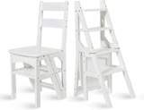 Resistente scaletta a 4 gradini Sgabello pieghevole in legno Scaffale portaoggetti Scaffale con ampio pedale per la casa, l’ufficio, l’esposizione di vasi per piante (Bianco) (Marrone) (Bianco R)