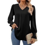 Risipu Top da donna tromba a maniche lunghe, elegante, casual, scollo a V, tunica, camicie, camicetta da lavoro in chiffon, Nero , XL