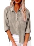 SHEKINI Camicia Lino Donna Camicetta da Donna Elegante Maniche Lunghe Cotone Blusa Maglietta Scollo a V Top Camicette Abbigliamento Donna Ufficio Casual