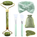 SPOKKI 5 Pezzi Gua Sha Kit, Rullo Di Giada Per Il Viso, Rullo Massaggio Viso, Pietra Di Giada Viso, Guasha Viso Pietra Giada, Massaggiatore Viso Set, Collo Facciale E Rilassamento Muscolare