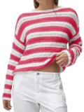 Saodimallsu Maglione da donna a righe all’uncinetto, scollo rotondo, colore blocco, a maniche lunghe, alla moda, leggero, Rosa., L